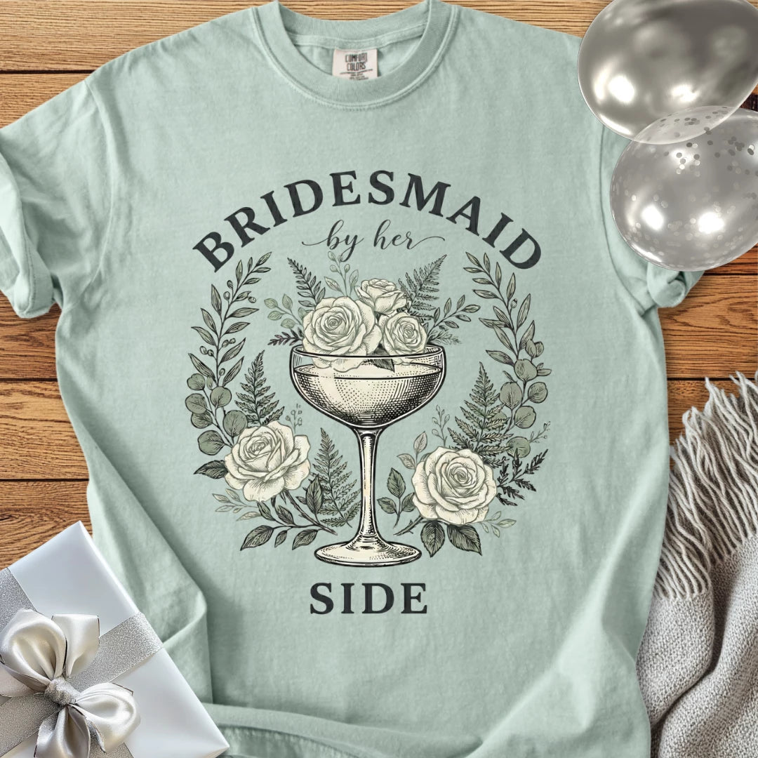 Bridesmaid, By Her Side - Premium Vintage Botanical Wedding T-Shirt