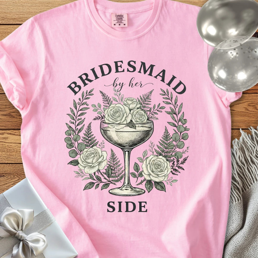 Bridesmaid, By Her Side - Premium Vintage Botanical Wedding T-Shirt