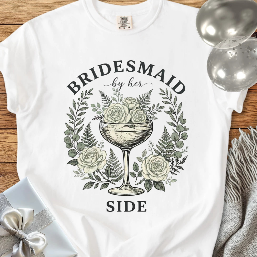 Bridesmaid, By Her Side - Premium Vintage Botanical Wedding T-Shirt