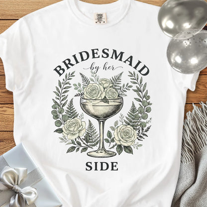 Bridesmaid, By Her Side - Premium Vintage Botanical Wedding T-Shirt
