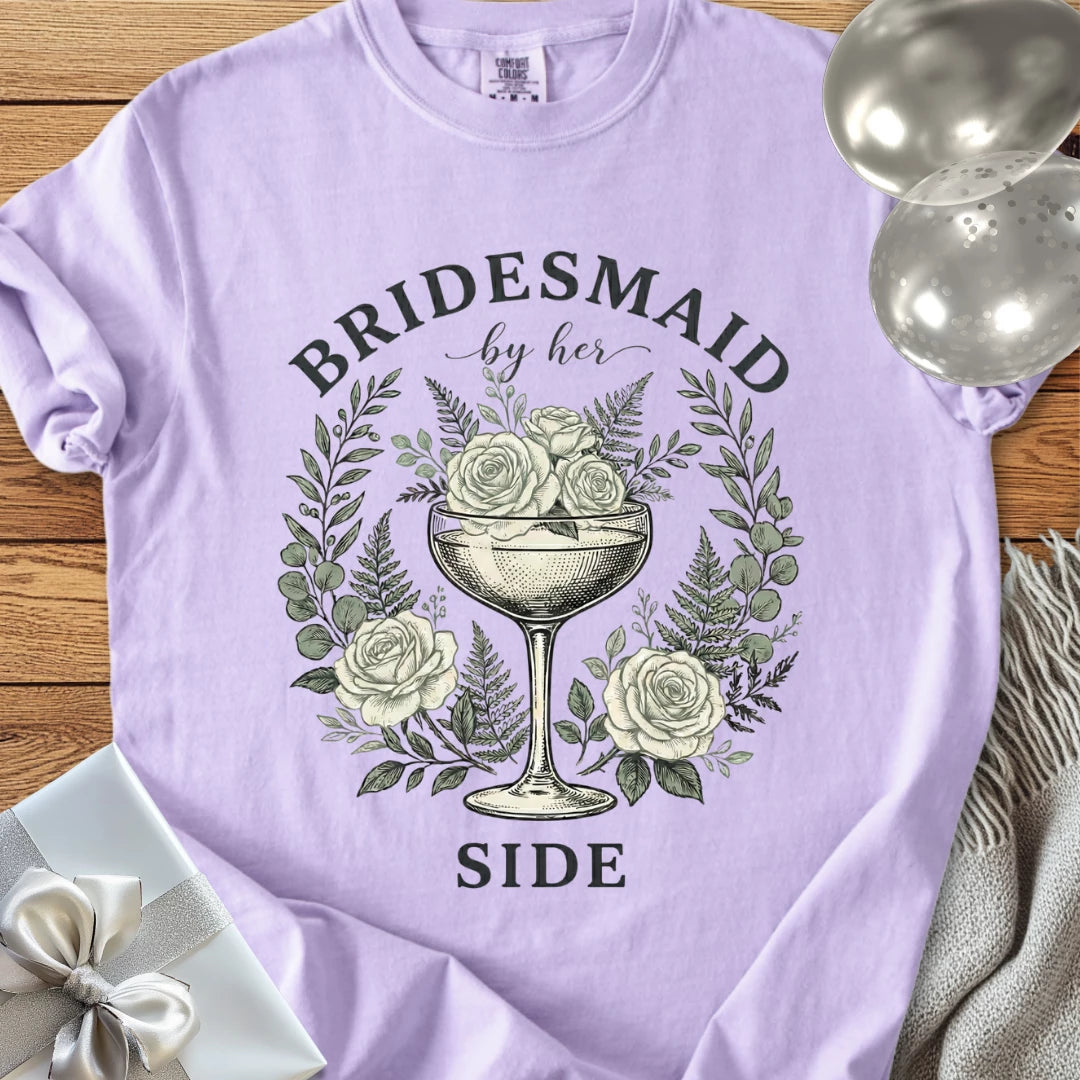 Bridesmaid, By Her Side - Premium Vintage Botanical Wedding T-Shirt