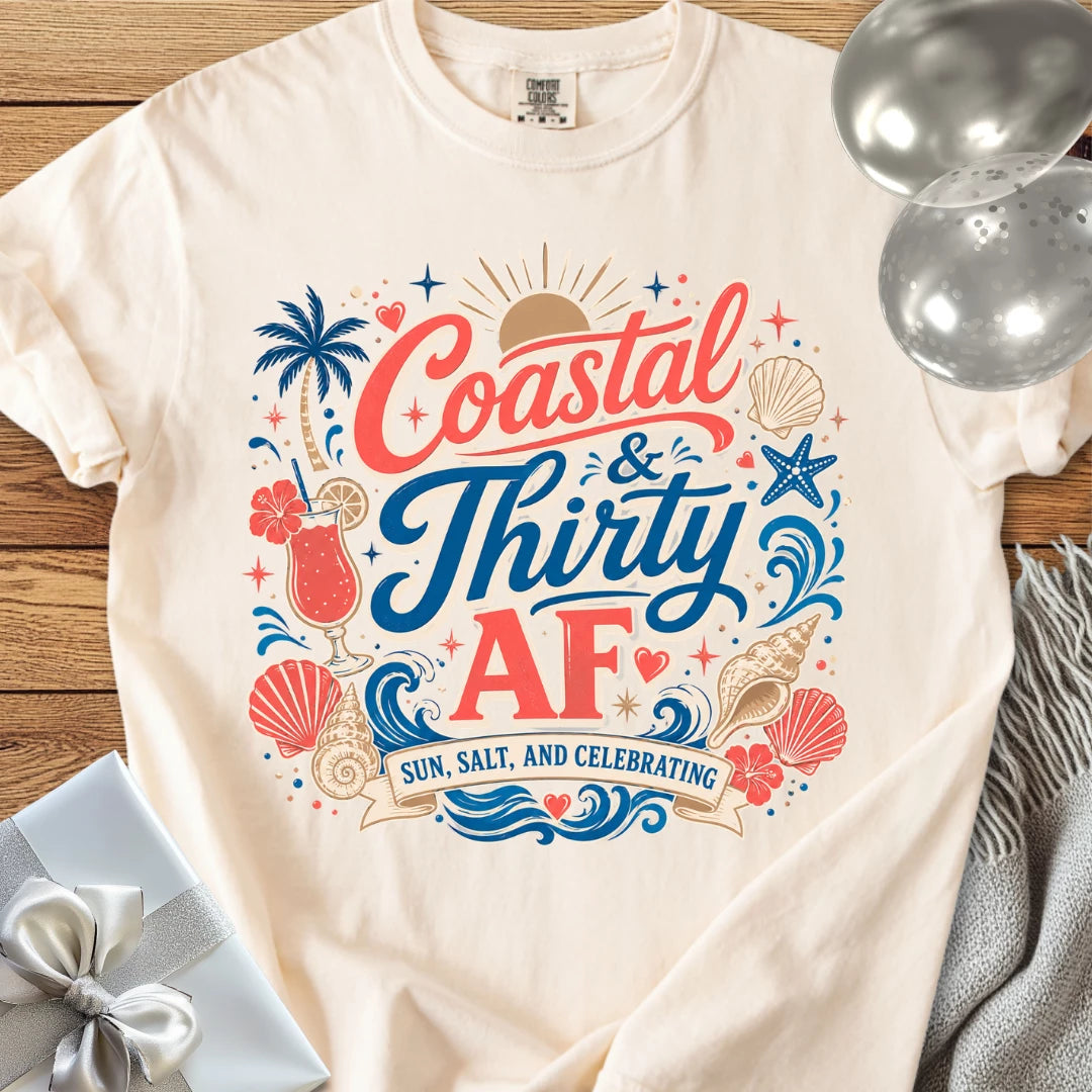 Coastal & Thirty AF, Sun, Salt & Celebrating - Premium 30th Birthday T-Shirt