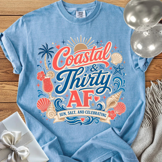 Coastal & Thirty AF, Sun, Salt & Celebrating - Premium 30th Birthday T-Shirt