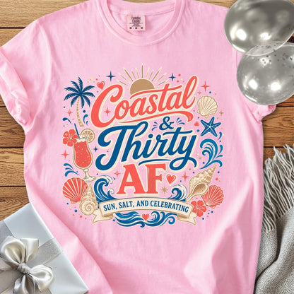 Coastal & Thirty AF, Sun, Salt & Celebrating - Premium 30th Birthday T-Shirt