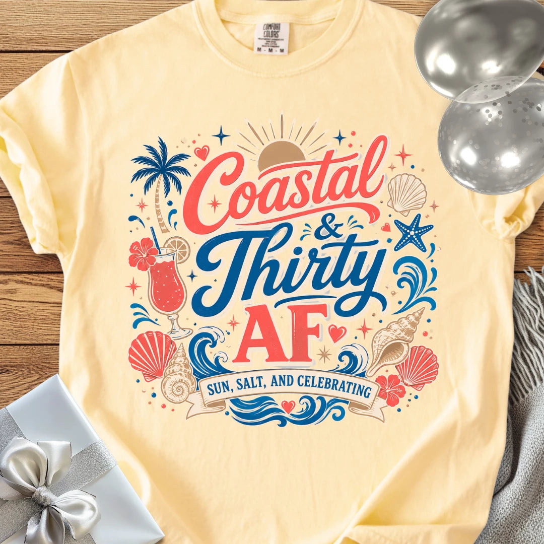 Coastal & Thirty AF, Sun, Salt & Celebrating - Premium 30th Birthday T-Shirt