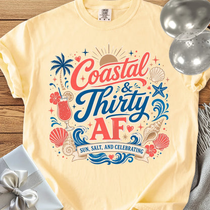 Coastal & Thirty AF, Sun, Salt & Celebrating - Premium 30th Birthday T-Shirt