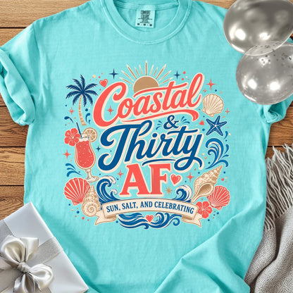 Coastal & Thirty AF, Sun, Salt & Celebrating - Premium 30th Birthday T-Shirt