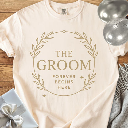 The Groom, Forever Begins Here - Premium Elegance Bridal Party T-Shirt