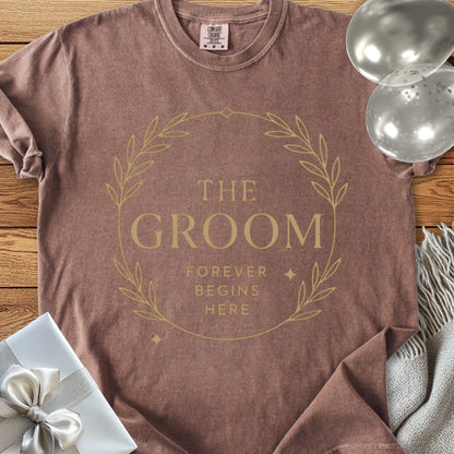 The Groom, Forever Begins Here - Premium Elegance Bridal Party T-Shirt