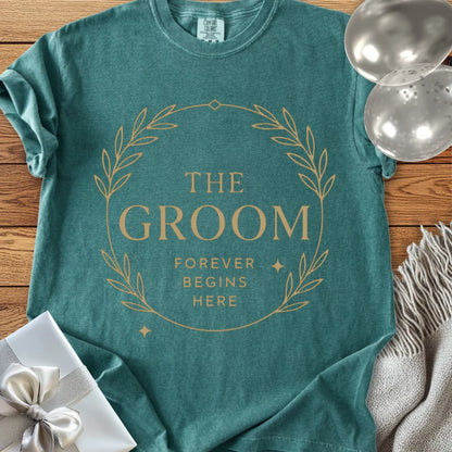 The Groom, Forever Begins Here - Premium Elegance Bridal Party T-Shirt