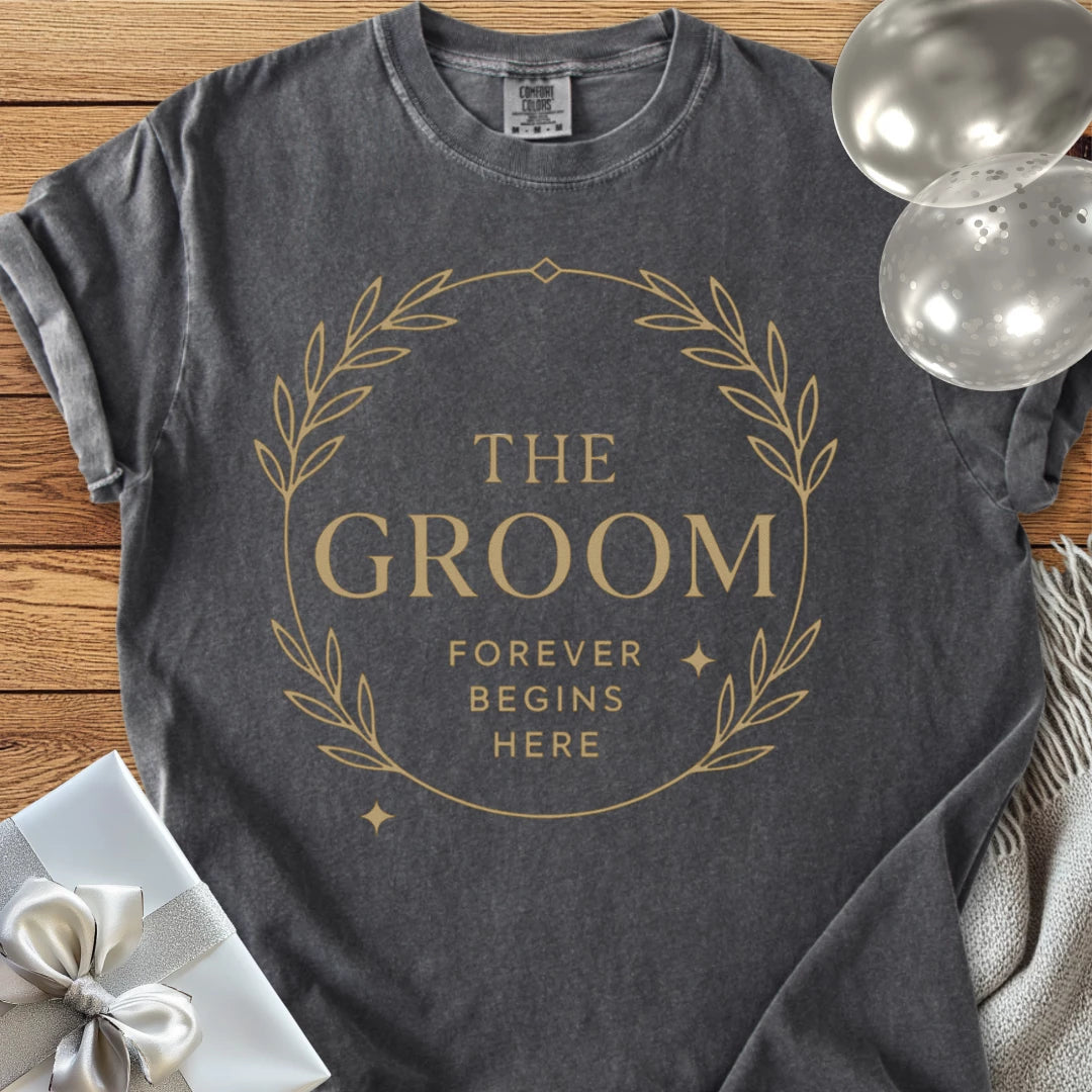 The Groom, Forever Begins Here - Premium Elegance Bridal Party T-Shirt