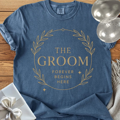 The Groom, Forever Begins Here - Premium Elegance Bridal Party T-Shirt