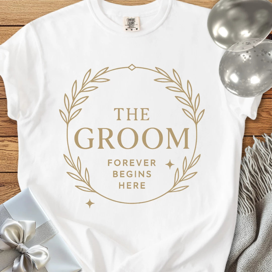 The Groom, Forever Begins Here - Premium Elegance Bridal Party T-Shirt
