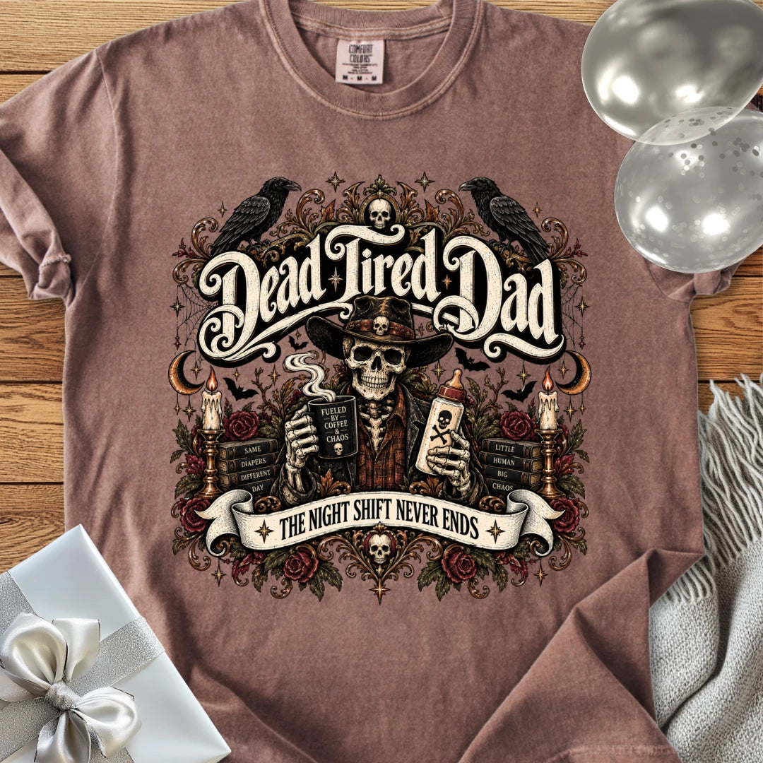 Dead Tired Dad, The Night Shift Never Ends - Premium Halloween Parenting T-Shirt