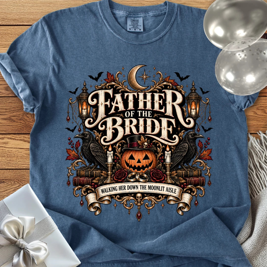 Father of the Bride,  Walking Her Down the Moonlit Aisle - Premium Halloween T-Shirt