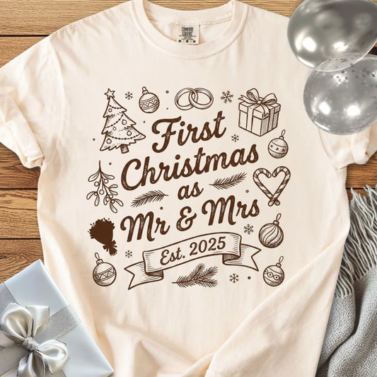 First Christmas as Mr & Mrs, Est 2025 - Premium Christmas T-Shirt