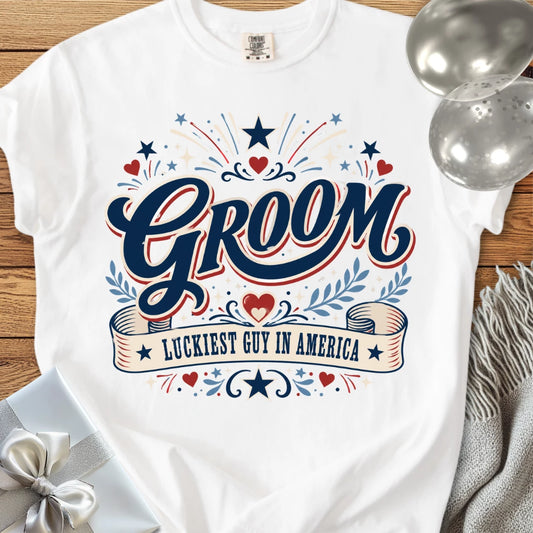 Groom, Luckiest Guy in America - Premium Wedding T-Shirt