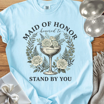 Maid of Honor, Honored to Stand by You - Premium Vintage Botanical Wedding T-Shirt