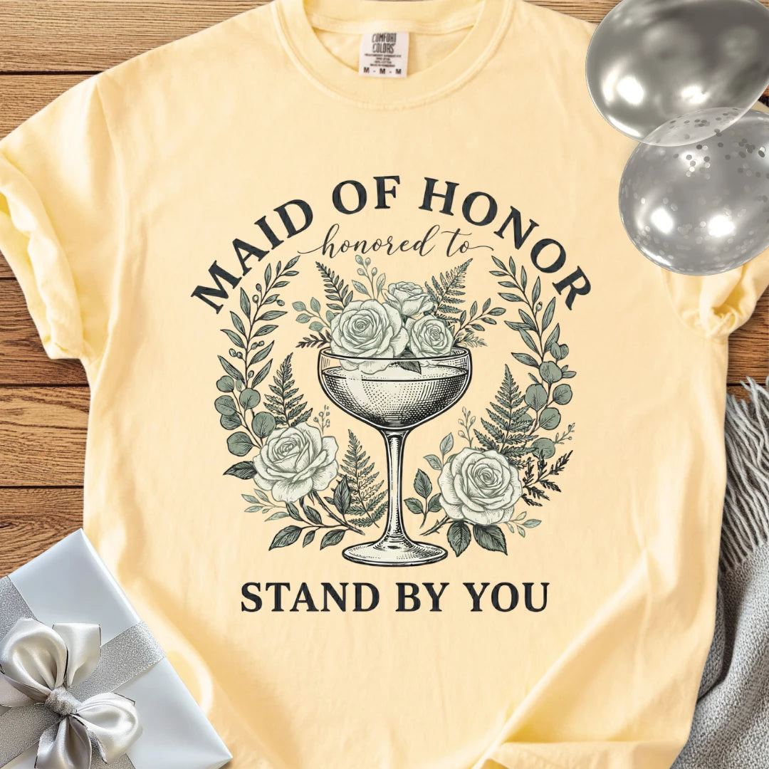 Maid of Honor, Honored to Stand by You - Premium Vintage Botanical Wedding T-Shirt