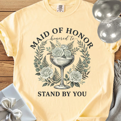 Maid of Honor, Honored to Stand by You - Premium Vintage Botanical Wedding T-Shirt