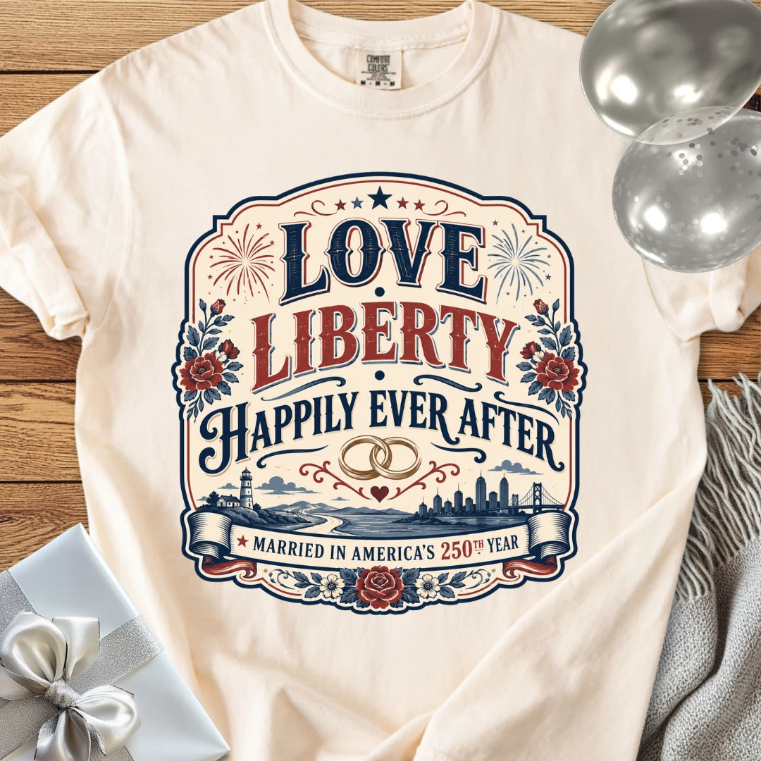 Love & Liberty 'Happily Ever After', Married in America's 250th Year - Premium America 250 Wedding T-Shirt