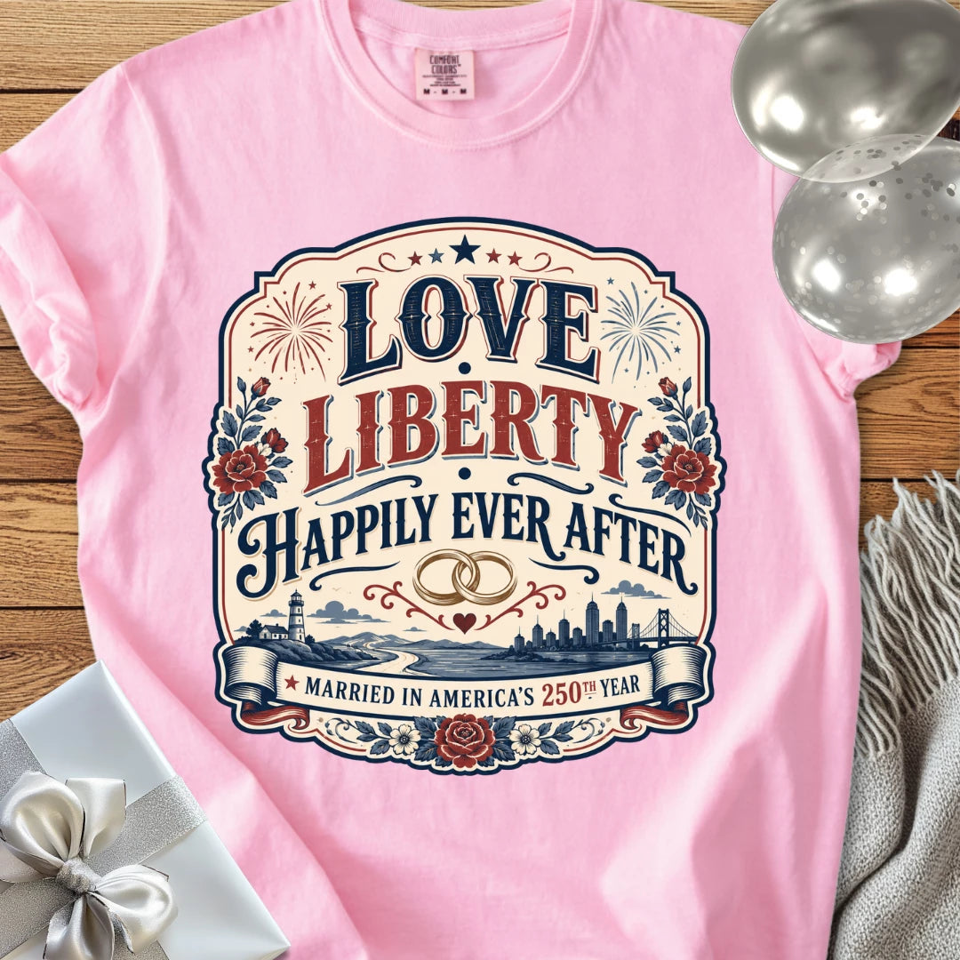 Love & Liberty 'Happily Ever After', Married in America's 250th Year - Premium America 250 Wedding T-Shirt