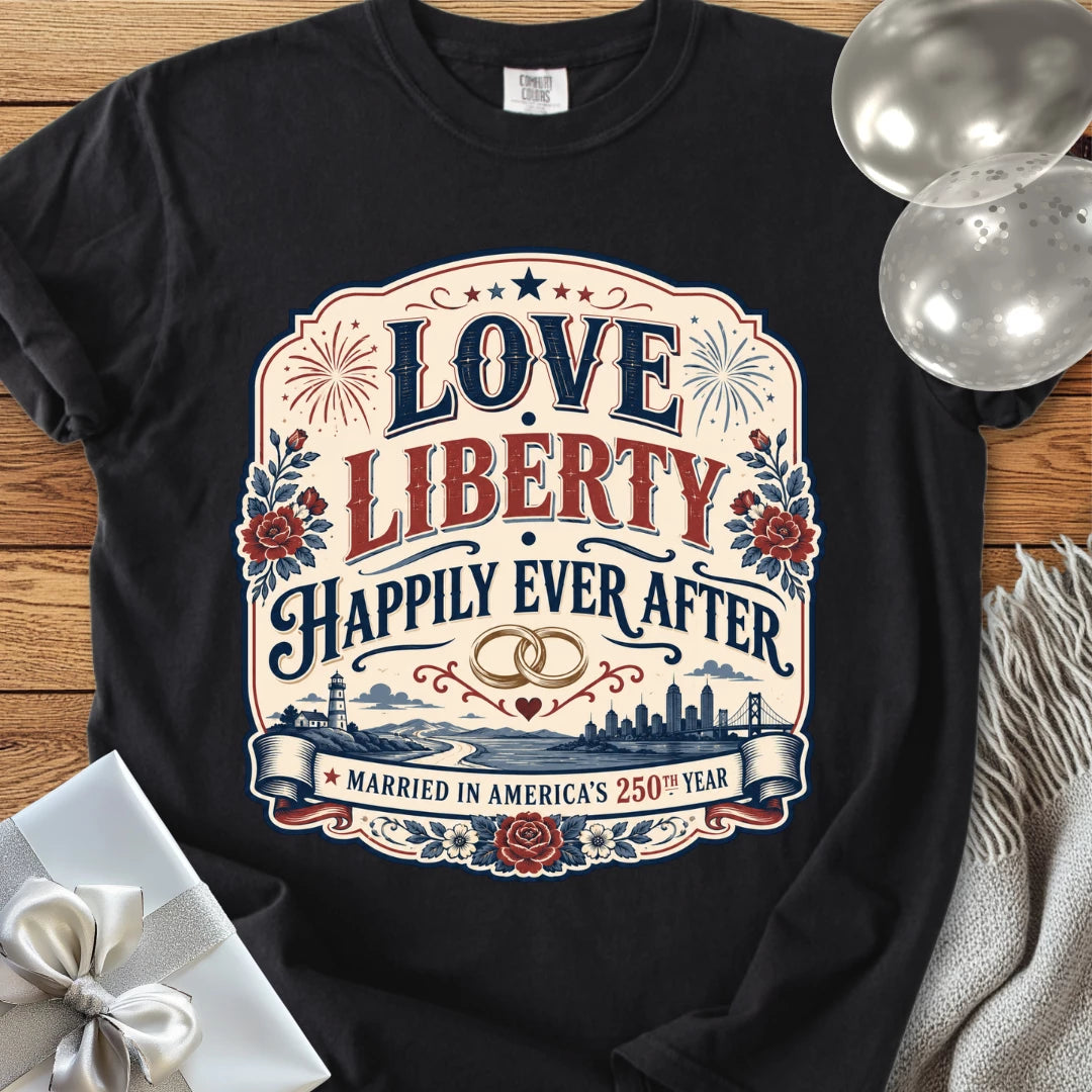Love & Liberty 'Happily Ever After', Married in America's 250th Year - Premium America 250 Wedding T-Shirt
