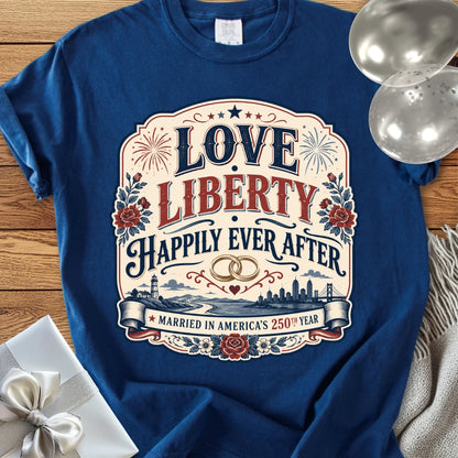 Love & Liberty 'Happily Ever After', Married in America's 250th Year - Premium America 250 Wedding T-Shirt