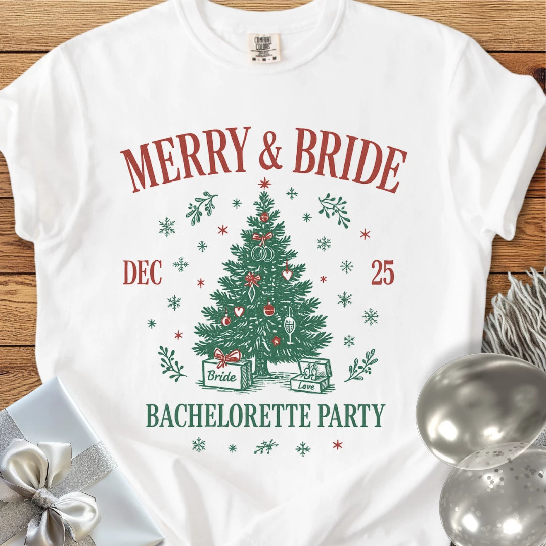 Merry & Bride - Premium Christmas Bachelorette Party T-Shirt