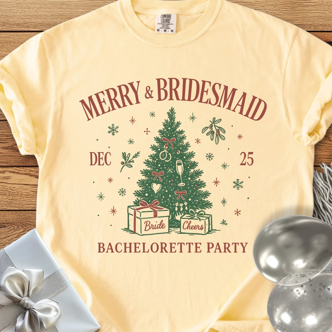 Merry & Bridesmaid - Premium Christmas Bachelorette Party T-Shirt