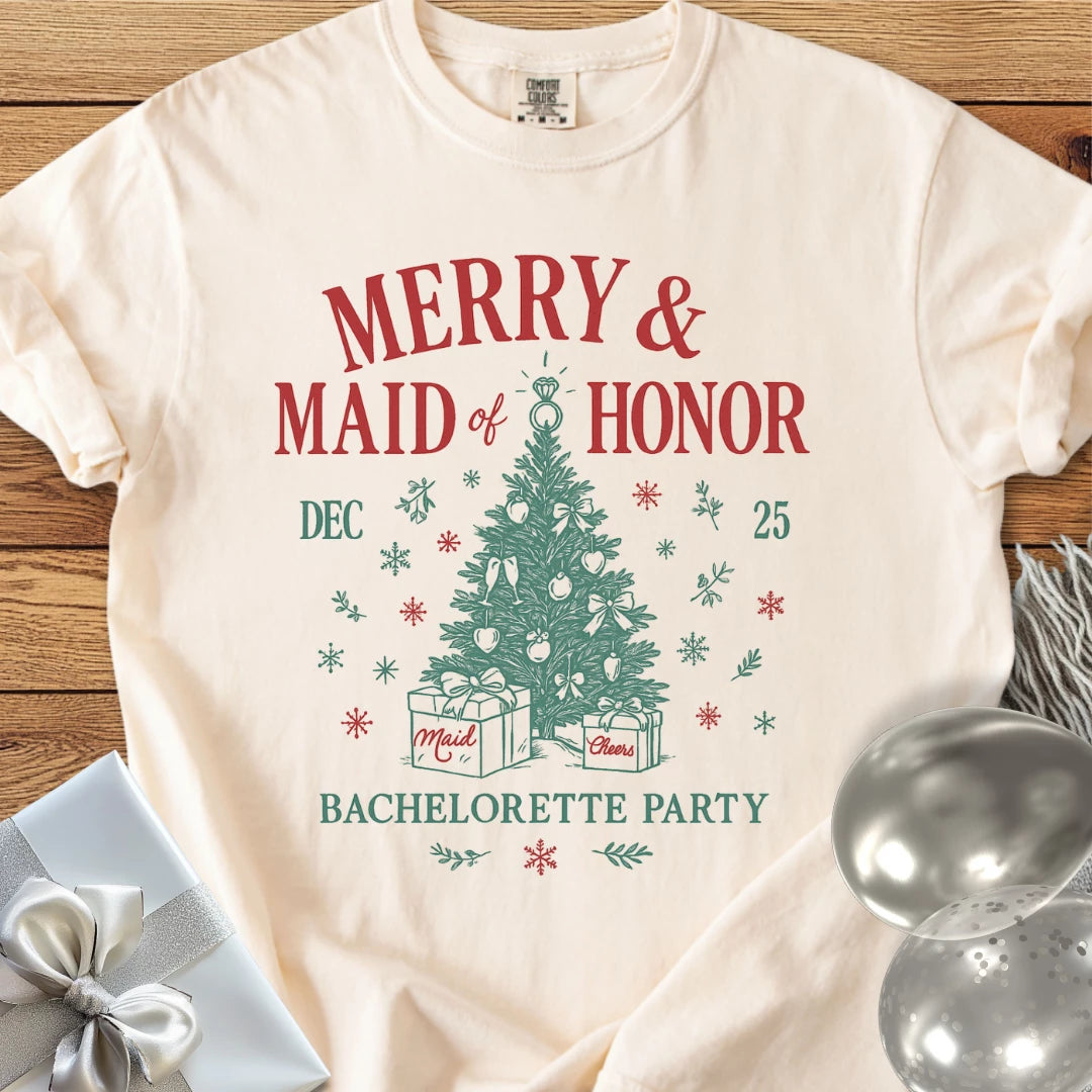 Merry & Maid of Honor - Premium Christmas Bachelorette Party T-Shirt