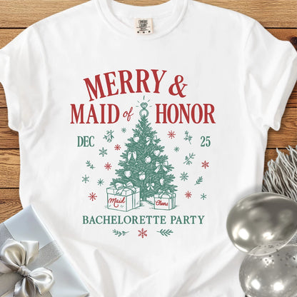 Merry & Maid of Honor - Premium Christmas Bachelorette Party T-Shirt