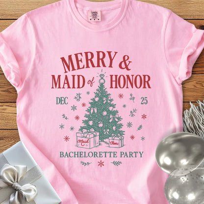 Merry & Maid of Honor - Premium Christmas Bachelorette Party T-Shirt