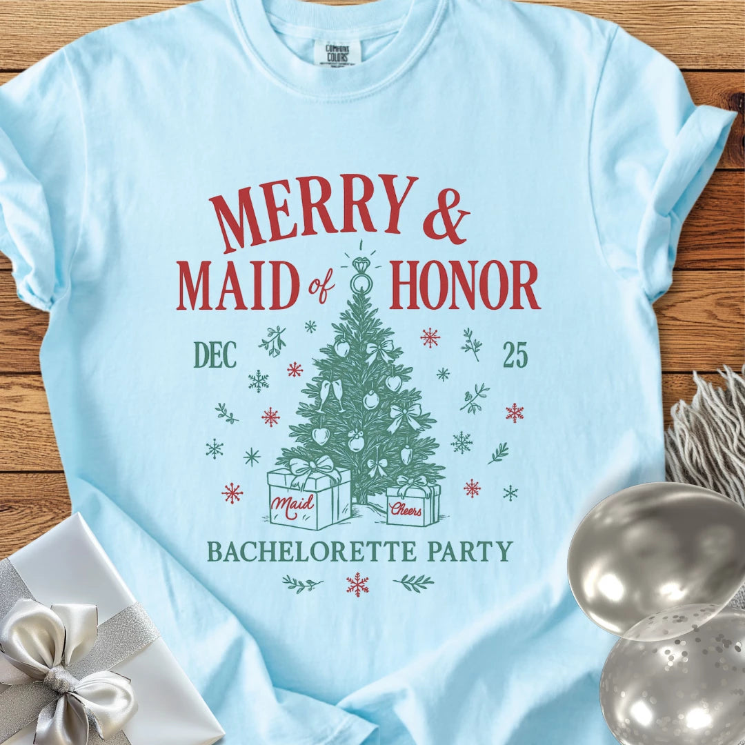 Merry & Maid of Honor - Premium Christmas Bachelorette Party T-Shirt