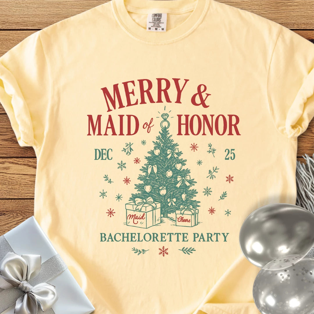 Merry & Maid of Honor - Premium Christmas Bachelorette Party T-Shirt