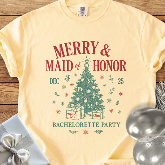 Merry & Maid of Honor - Premium Christmas Bachelorette Party T-Shirt