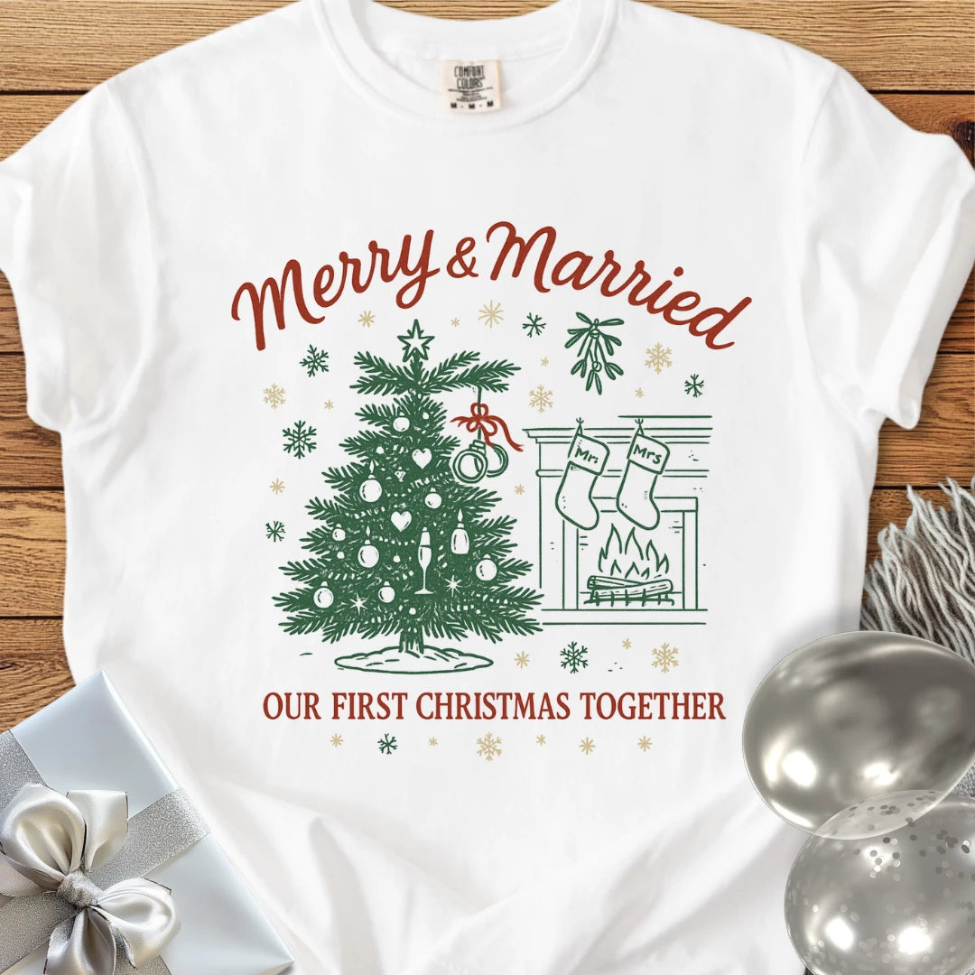 Merry & Married, Our First Christmas Together - Premium Wedding T-Shirt