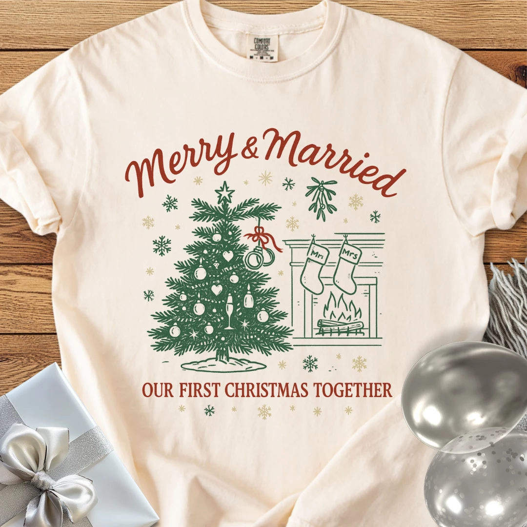 Merry & Married, Our First Christmas Together - Premium Wedding T-Shirt