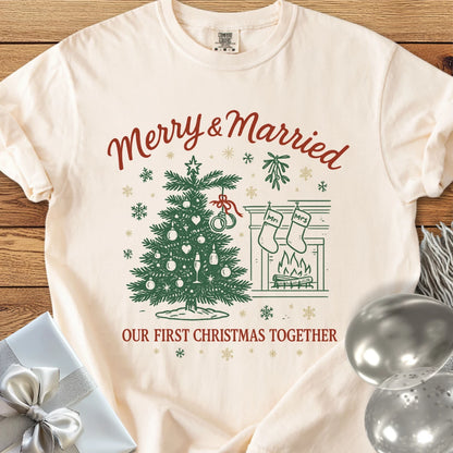Merry & Married, Our First Christmas Together - Premium Wedding T-Shirt