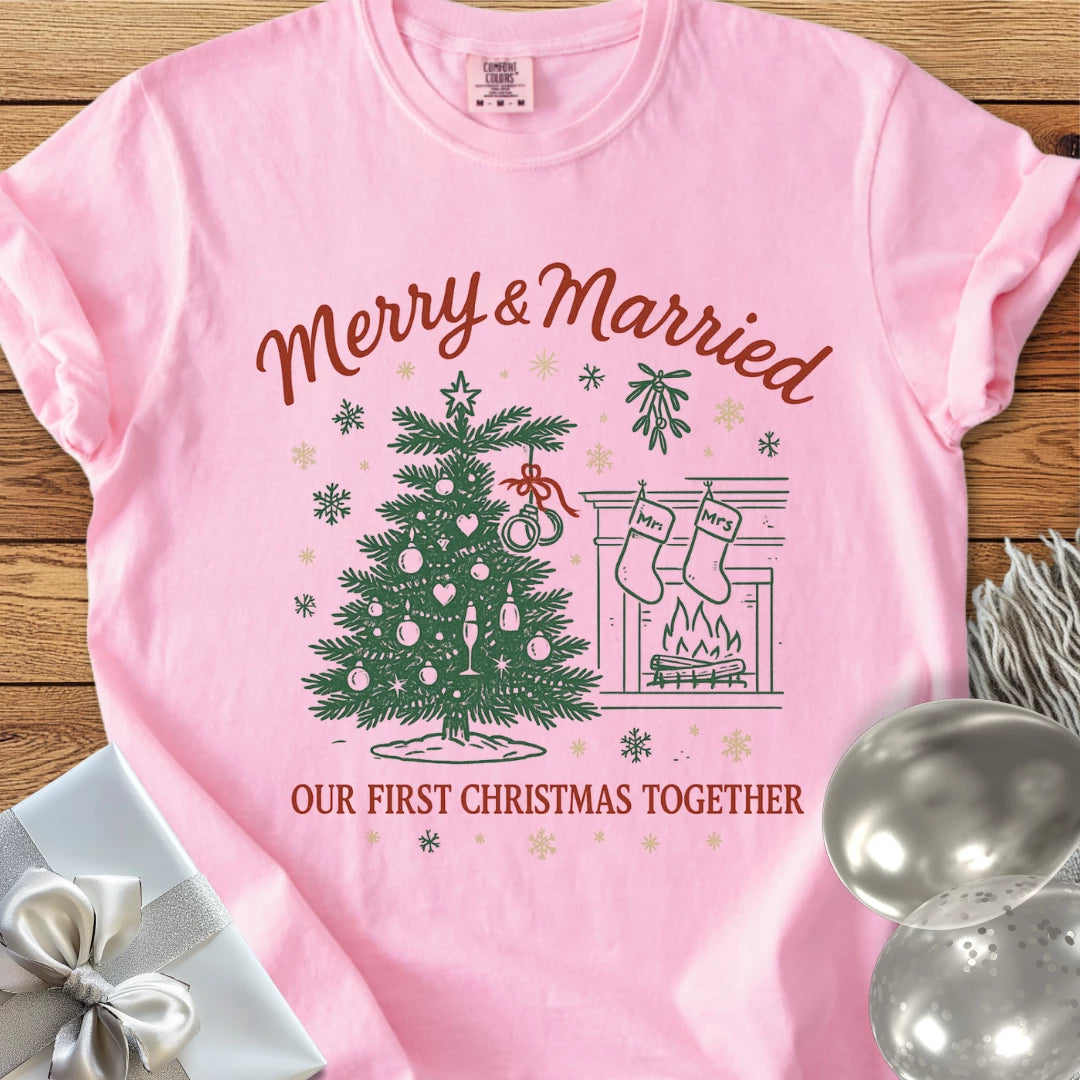 Merry & Married, Our First Christmas Together - Premium Wedding T-Shirt
