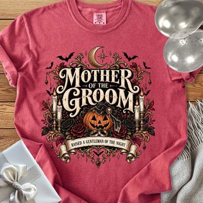 Mother of the Groom, Raised a Gentleman of the Night - Premium Halloween Wedding T-Shirt