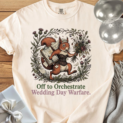 Off to Orchestrate Wedding Day Warfare - Premium Wedding T-Shirt