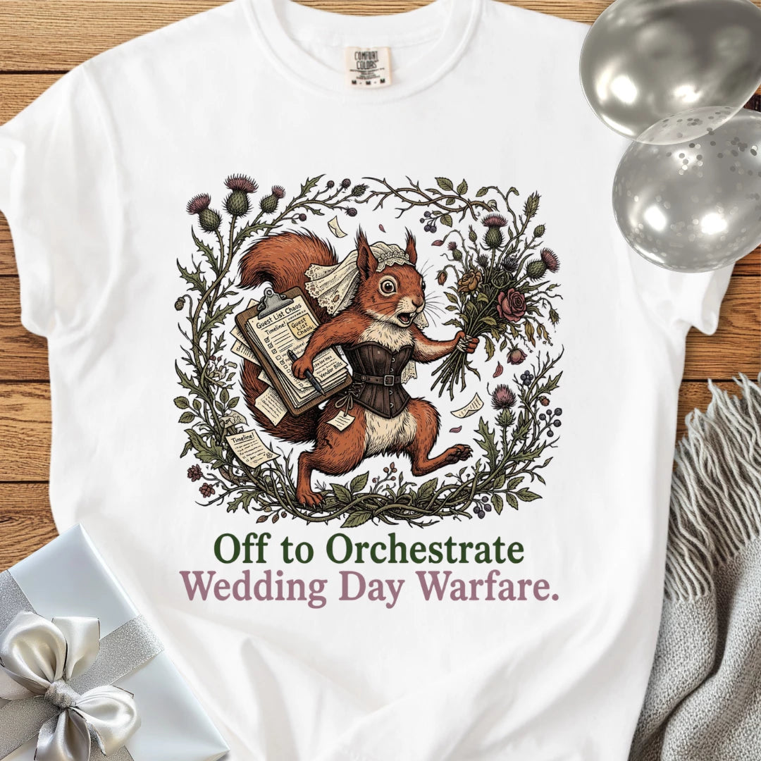 Off to Orchestrate Wedding Day Warfare - Premium Wedding T-Shirt