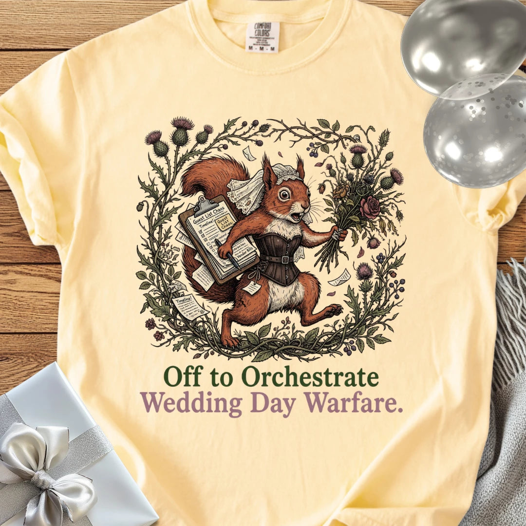 Off to Orchestrate Wedding Day Warfare - Premium Wedding T-Shirt