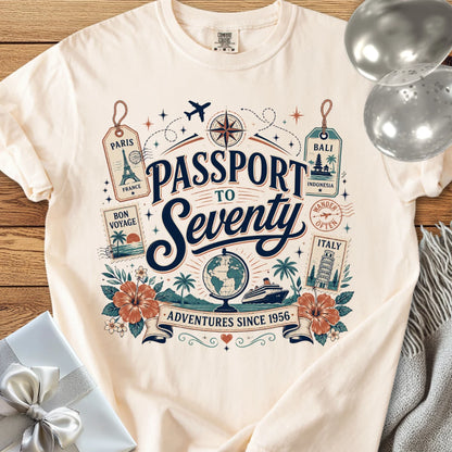 Passport to Seventy, Adventures Since 1956 - Premium 70th Birthday T-Shirt
