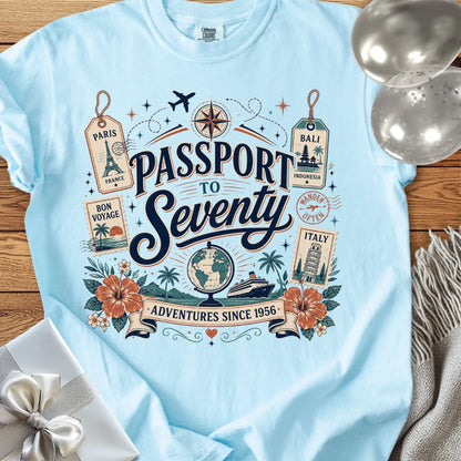 Passport to Seventy, Adventures Since 1956 - Premium 70th Birthday T-Shirt