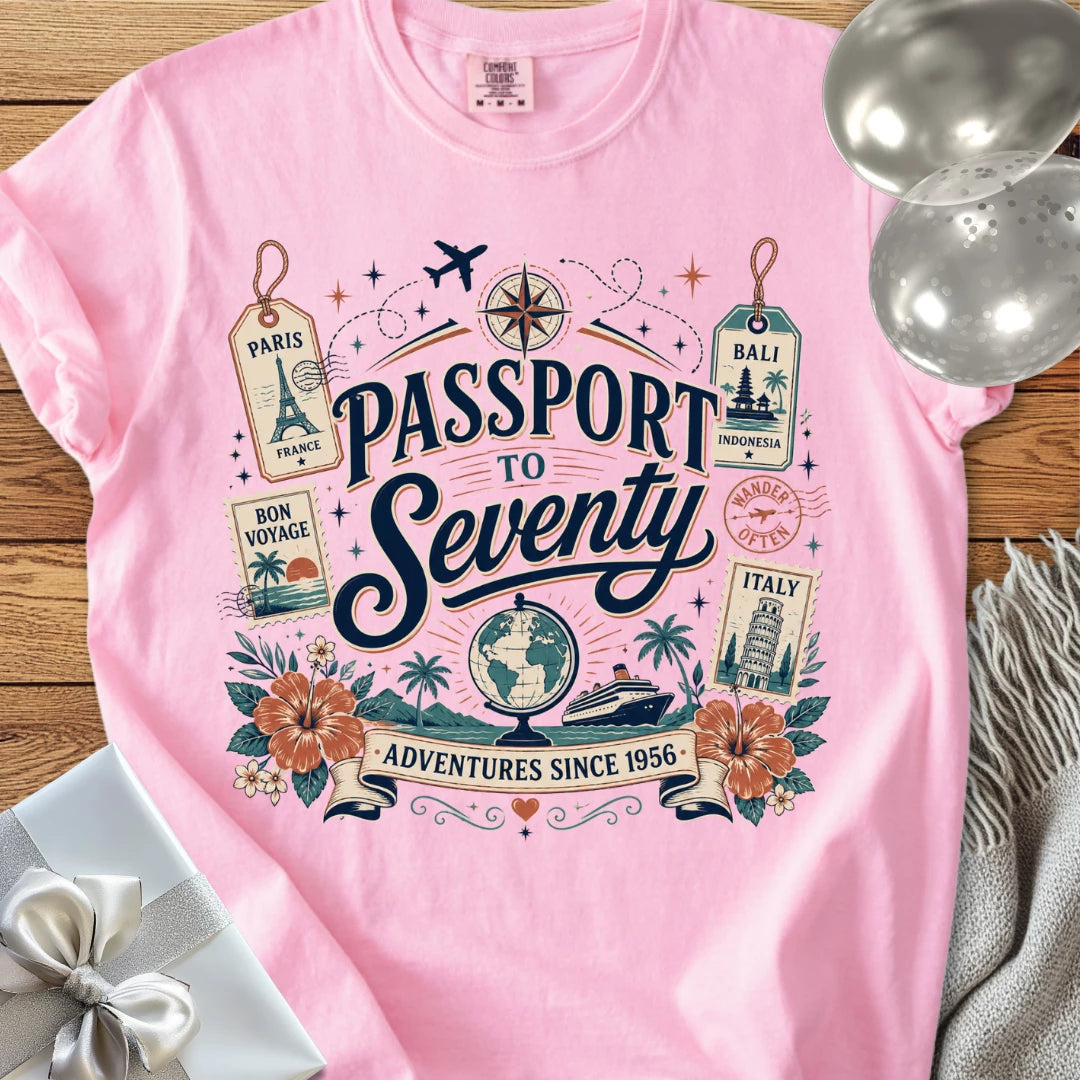 Passport to Seventy, Adventures Since 1956 - Premium 70th Birthday T-Shirt