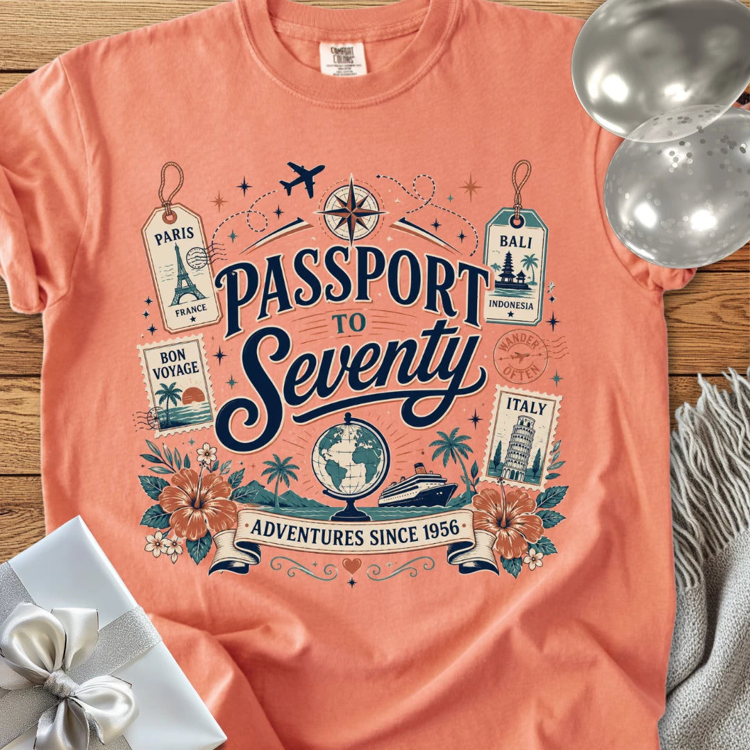 Passport to Seventy, Adventures Since 1956 - Premium 70th Birthday T-Shirt