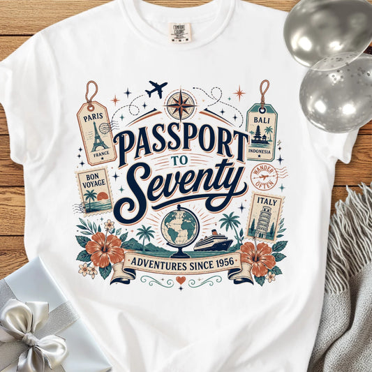 Passport to Seventy, Adventures Since 1956 - Premium 70th Birthday T-Shirt