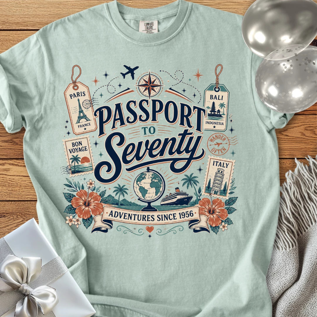 Passport to Seventy, Adventures Since 1956 - Premium 70th Birthday T-Shirt